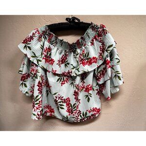 New 14th & Union Floral Off The Shoulder Top Small Printed Layered Ruffle Mint